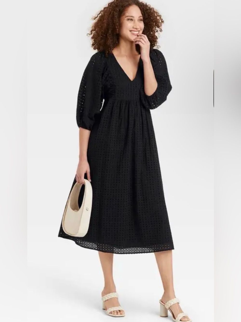 A New Day Black Eyelet V-Neck Midi Dress. Size Large